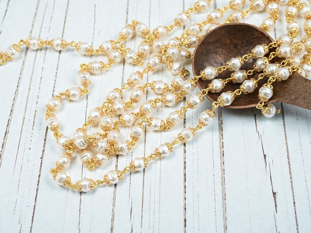 6mm Czech Glass White Baroque Pearl Chain w/Gold Caps - Sold by the Foot